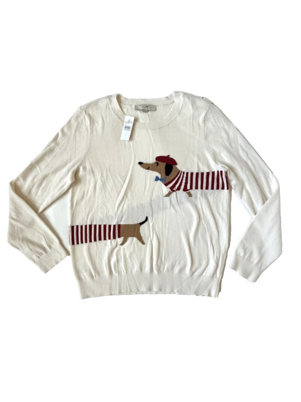 Loft Womens L Dachsund Sweater NEW Beret Cream Stripe Red Dog Long Sleeve Cotton